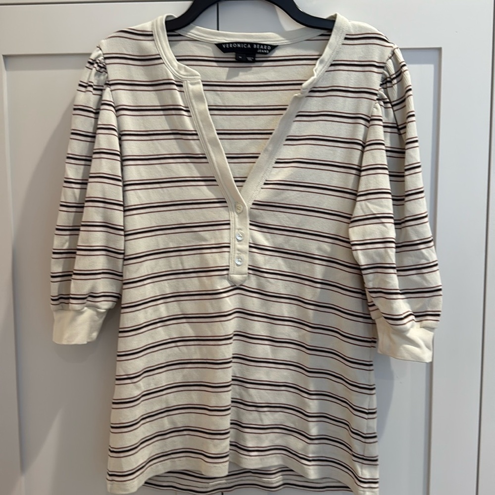 Veronica Beard Amity Striped Rib Knit Three-Quarter Sleeve. Size M - Picture 2 of 5